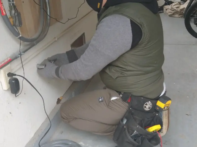 Electrician performing outlet wiring in a Wilson garage